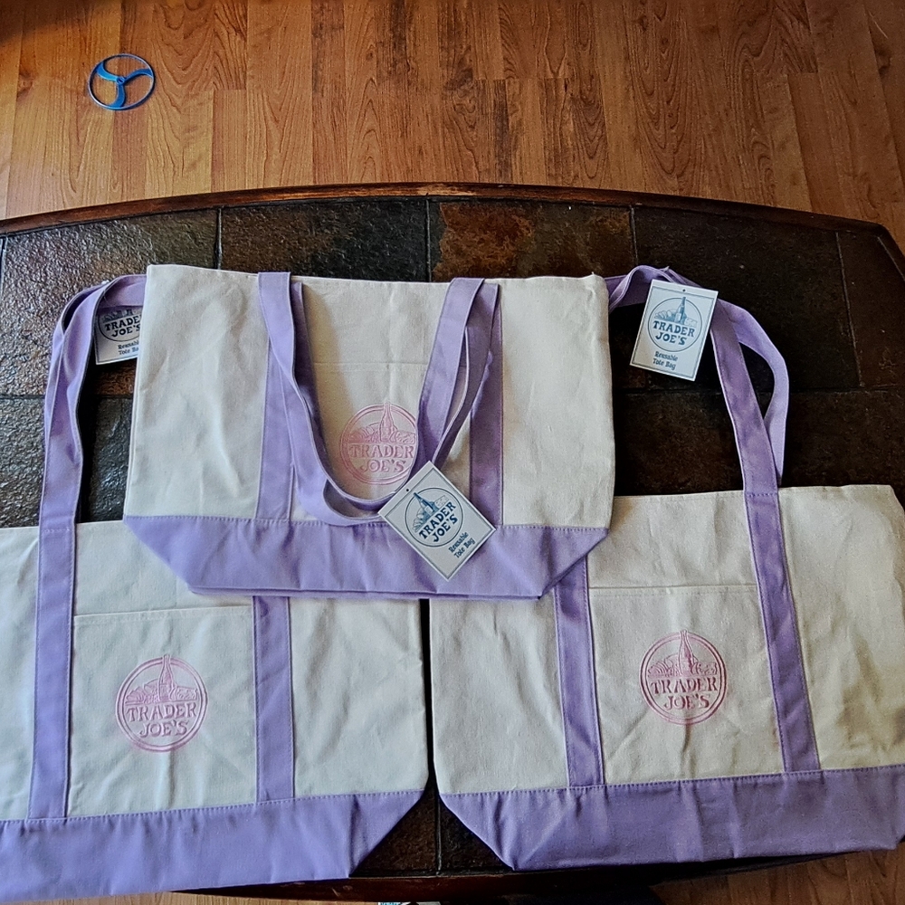 Set of 3 Trader Joe's Large Lavender Trim Canvas Tote Bag $33